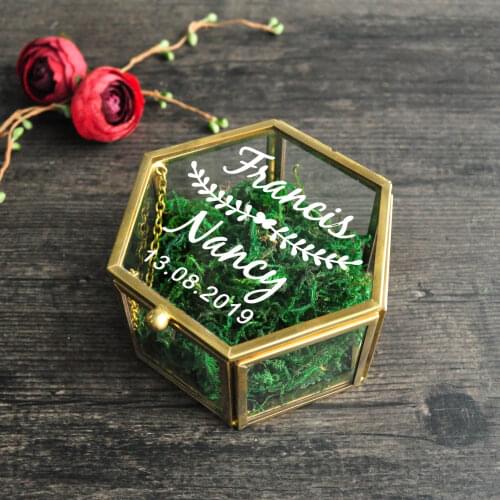 Wedding Ring Box, Custom Engagement Hexagon Glass Ring Box, Personalized Ring Pillow with Moss,Glass Ring holder