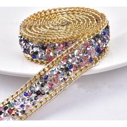 1.8CM Iron On Rhinestone Tape Gold Hotfix Gemstone Lace Trim Hot Drilling Beaded Chain Ribbons Bridal Dress Belt Banding