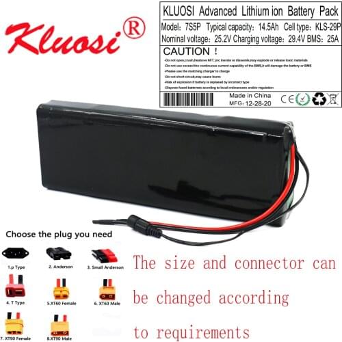 KLUOSI 25.2V 15Ah 7S5P 24V 14.5Ah 29.4V Lithium Battery Pack with25A BMS for Electric Bike Unicycle Scooter Wheelchair Motor Etc