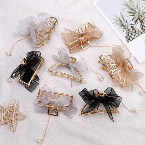 New Korean Elegant Mesh Bow Hair Claws For Women Girls Hair Clip Large Grab Clips Shark Clip Metal Headdress Hair Accessories