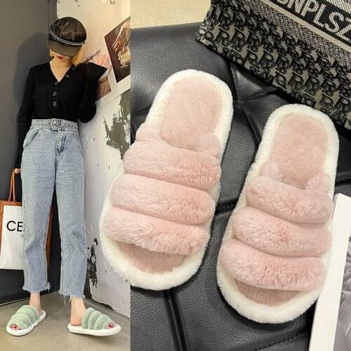 Fluffy Home Slippers 2021 New Women Faux Fur Slippers Cozy Furry Slides Soft Slippers House Floor Plush Warm Shoes TX444