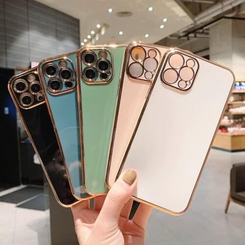Luxury Gold Plated Plain Simple Case For iPhone 11 Pro Max 12 Mini XR XS X 7 8 Plus SE 2020 Soft Silicone Lens Protection Cover