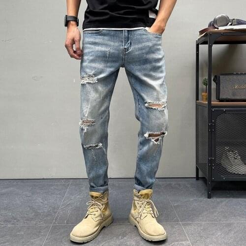 Ripped jeans loose-fitting Man pants 2021 new street mens fashion casual skinny denim trousers mens straight-leg pants