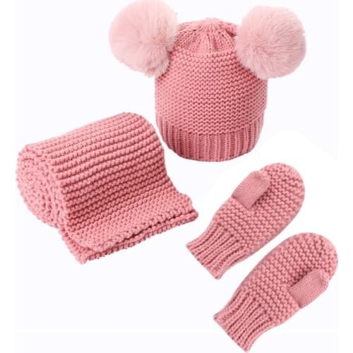 New Baby Kids Winter Hat Scarf and Gloves Girls Knitted Warm Beanie Cap with Neckerchief Circle Loop Scarf Crochet Hat 3pcs/Set
