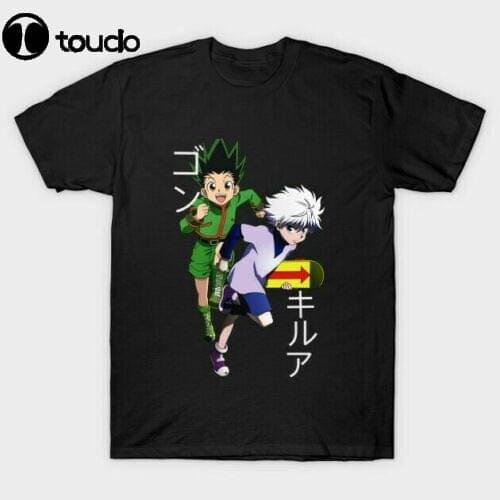 Friends Gon Killua Skateboarding Funny Art Hunter x Hunter Anime Black T-shirt