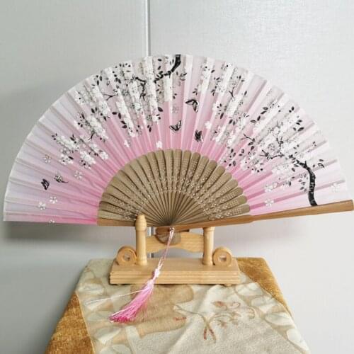 Vintage Silk Folding Fan Retro Chinese Japanese Bamboo Folding Fan Tassel Dance Hand Fan Home Decoration Ornament Craft Gift