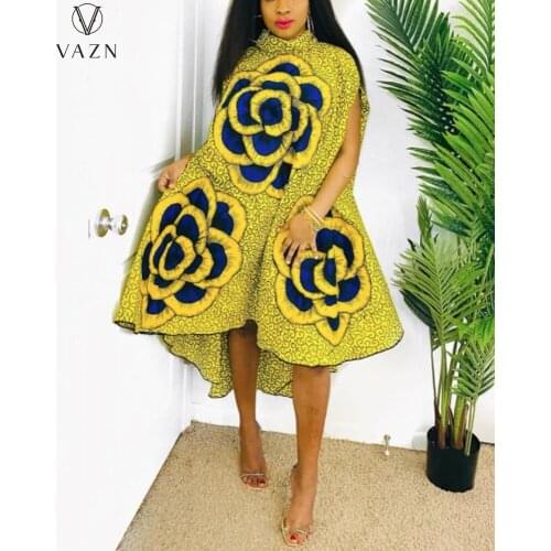 VAZN 2021 Hot Plus Size High-end Retro Print Chiffon Asymmetrical Office Lady Mature Turtleneck Tank Sleeve Women Maxi Dress