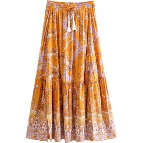 Women Maxi Skirt Bohemian Orange Cotton Floral Print Split Sexy Spring Summer Skirts Vintage Beach Casual Clothes Long Skirts
