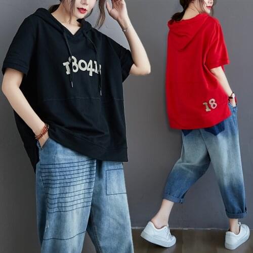 Women T-Shirt Hooded Drawstring Chic Elegant Simple Office Ladies Street Figures Embroidery Casual Loose Oversize Thin Top Tees