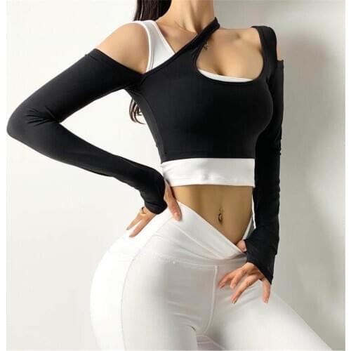 Women Off Shoulder Long Sleeve Sports Shirt Quick Dry Yoga Gym Crop Top Blue Black Fitness Female