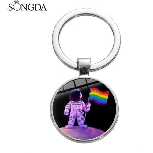 Rainbow LGBT Flag for Lesbian Gay Pride Keychain Anti-discrimination Cartoon Pattern Glass Gem Art Key Ring Car Key Chain