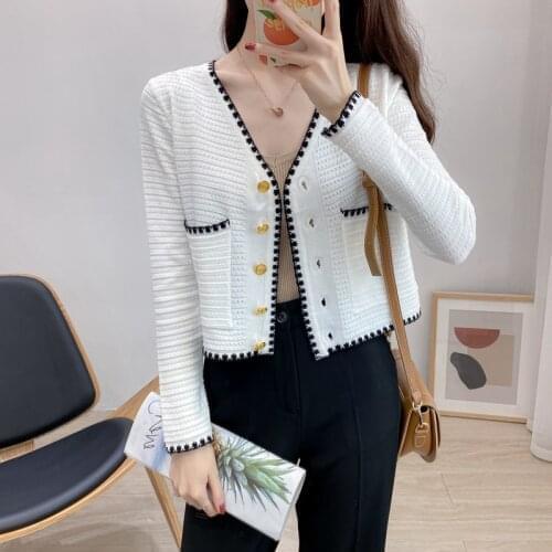 2020 Knitted Crop Cardigan Women Korean Style Short Sweater Long sleeve V neck White Black