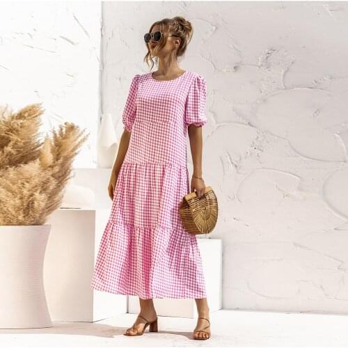 Women Polka Dot Plaid Print Robe Maxi Dress Summer Elegant Puff Sleeve Casual Dresses Patchwork Loose Holiday Party Long Vestido