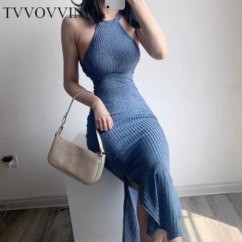 Summer Blue Pit Stripe Dress Hanging Neck Sleeveless Slit Dress Cross Tie MIDI Dress Female C4GF