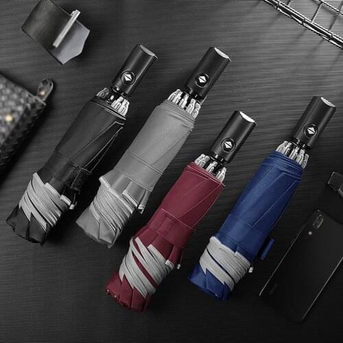 Automatic Umbrella Reverse Folding Business Umbrella with Reflective Strips Umbrellas Rain for Men Women Black Coating