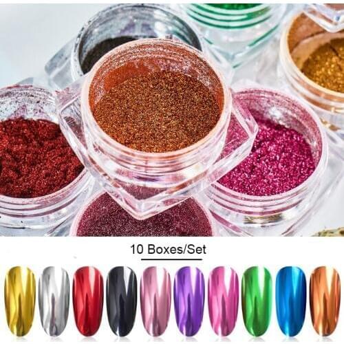 10Boxes Mirror Nail Powder Glitter Dust Metallic Colorful Glitter Metal Effect Nail Art UV Gel Polish Chrome Pigment Dust Powder