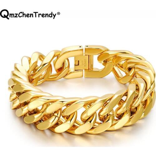 15mm 215mm Men Gold Stainless Steel Curb Chain Link Bracelet Biker Hippie Hip Hop Men Miami Cuban Chain Bracelets Jewelry Gifts