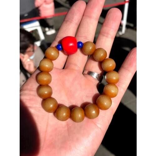 Antique natural white Bodhi root Buddhist rosary decorated with antique red snow bar blue glass in the middle of Qing Dynasty