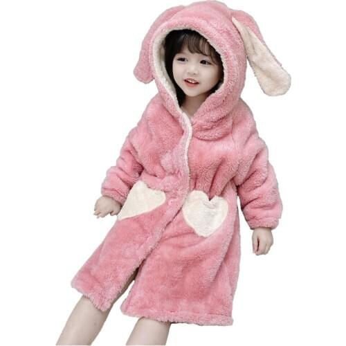 Kids home pajamas cartoon hooded rabbit ear bathrobe for 1-6years girls cartoon double-sided fleece nightgown pajamas robe