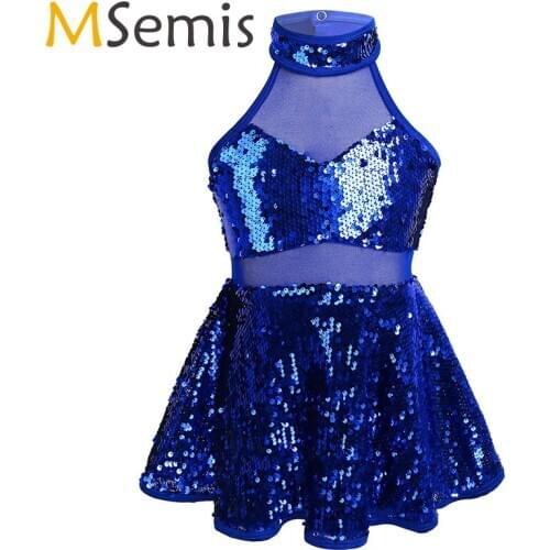 Girls Shiny Sequined Figure Skating dress Sleeveless Halter Tulle Splice Caged Back Ballet Jazz Dance gymnastics Leotard Dress