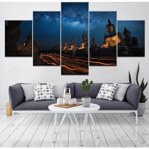 Artwork Painting HD Printed Canvas Poster Home Decor 5 Panel Ancient Buddha Statue Framework Wall Living Room Modular Pictures