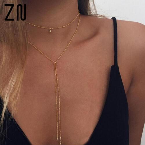 ZN Delicate Women Necklace, Y Lariat Necklace, Dainty Gold Beaded Chain, Choker Necklace