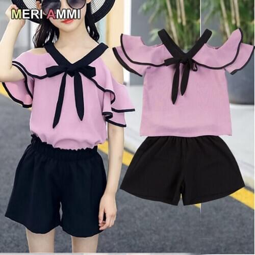 MERI AMMI 2 pcs Outfit Set Children Girl Summer Butterfly Sleeve Tee + Shorts Outwear For Teenager Student Girl