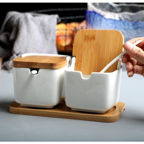 Kitchen spice rack ceramic salt shaker and pepper seasoning jar sugar bowl bamboo wood spice jar WJB411