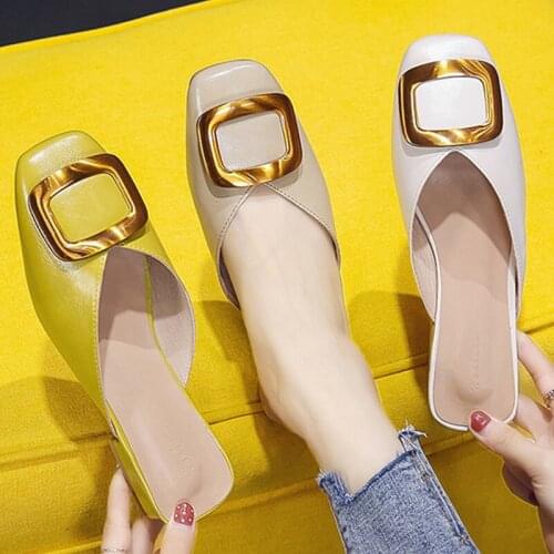 Metal Square buckle slingback pu gladiator sandals women flipflops shoes woman slip on square toe med thick heels sandalias 2020