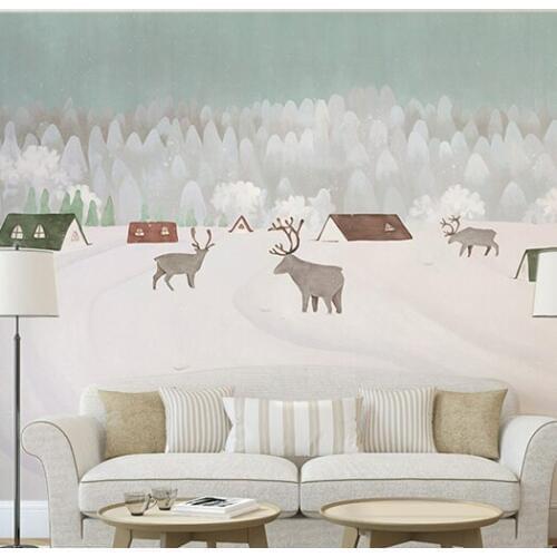 Cartoon Sika deer Wallpaper Mural 3d Snow land Wall Photo Mural for Kids Room Sofa Background 3d Animal Wall paper Mural Decor