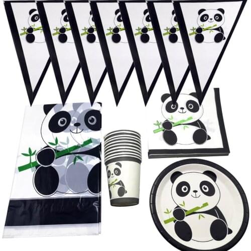 Baby Shower Panda Theme Tableware Set Tablecloth Plates Cups Decorate Boys Favors Dishes Birthday Party Napkins Flags 74pcs/lot