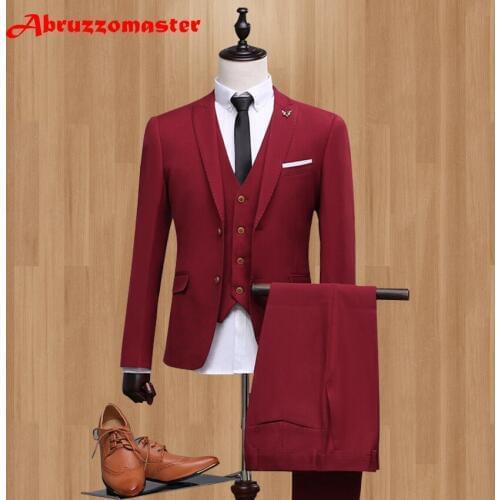 2020 New Peaked Lapel Prom Wool Burgundy Men Suit Terno Slim Fit Terno Masculino Wedding Suits for Men (Jacket+Vest+Pant)