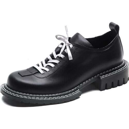 Osunlina Casual Round Toe Womans Flats Low Heels Elegant Footwear Lace Up Black Cow Leather Handmade Lady Spring Shoes A345