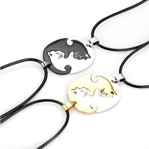 2pcs Best Friends Lover Gifts Couple Necklace Titanium Steel Cute Animal Cat Pendants Necklaces Leather Rope Charm Choker