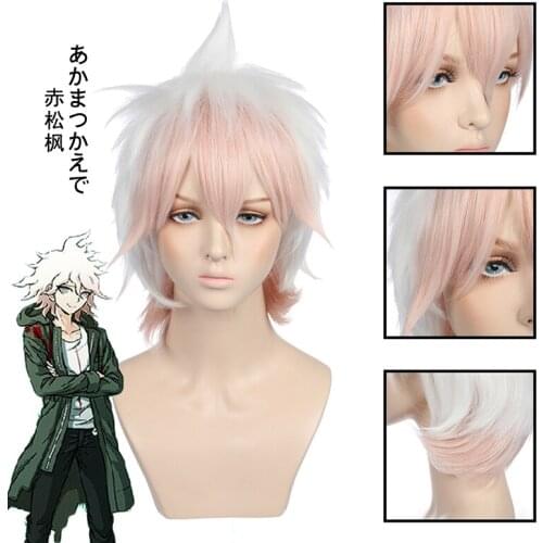 Anime Danganronpa Cosplay Wig While Pink Nagito Komaeda Halloween Role Play Short Hair Heat Resistant Synthetic Wig+Free Wig Cap