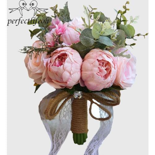 Perfectlifeoh European Style Artificial Flowers Wedding Bouquets for Bride Crystal Peony Lace Brooch Bouquet