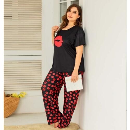 Summer Short Sleeve Pajamas Suit Women Modal Lovely Lip Print Home Clothing Ladies O-neck Lounge Wear Pijama Casual Sleepwear