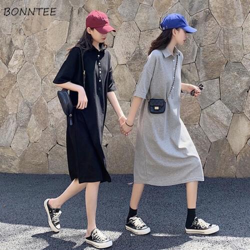 Dress Women Solid Basic Korean New Summer College Girls Long Dresses Casual Chic Button Turn-down Collar Straight Friend Clothes
