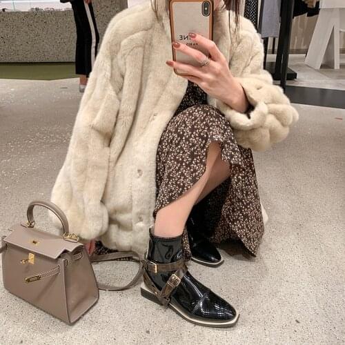 Modern girl ~ leather square initials buckle back zipper elastic ankle boots lady thin thin boots