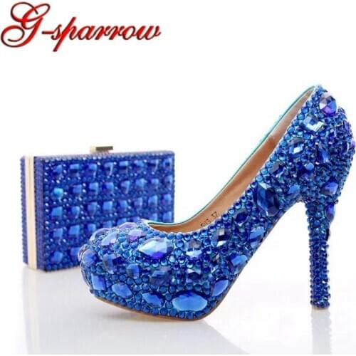 Blue Rhinestone Wedding Heels with Fashion Crystal Matching Bag Party High Heels with Clutch Bridal Shoes Lady Prom Pumps