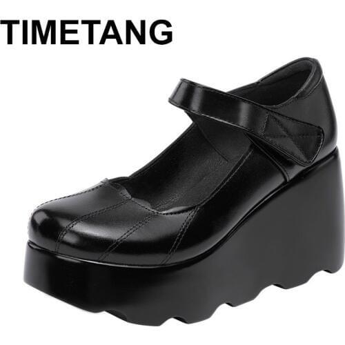 TIMETANG2020 spring leather women platform shoes high heels round toes ankle strap black women pumps big size 33-43