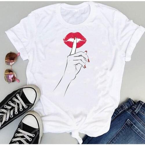 Women Cartoon Sexy Lip Funny Cute 2021 Short Sleeve Sweet Summer Fashion Print Lovely Clothes Tops Tees Tshirt T-Shirt