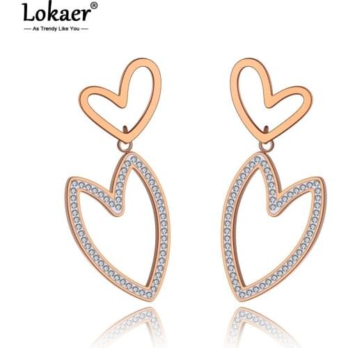 Lokaer New Titanium Steel White Crystal Love Double Heart Earrings Rose Gold Rhinestone Stud Earrings Jewelry For Women E19248