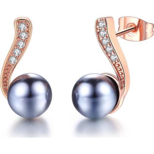Double Fair Black Simulated Pearl Beads Stud Earrings Rose Gold Color CZ Stone Jewelry Crystal Jewelry For Women Brinco DFE711