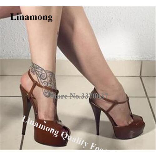 Linamong Women Elegant Peep Toe High Platform Stiletto Heel Pumps Patent Leather T-straps Super High Heels Formal Club Heels