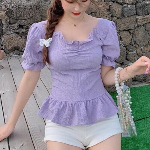2021 Solid Pleated Pullover Tops Chiffon Puff Sleeve Purple Square Collar Short Sleeve Blouse Women Shirts Casual 10211