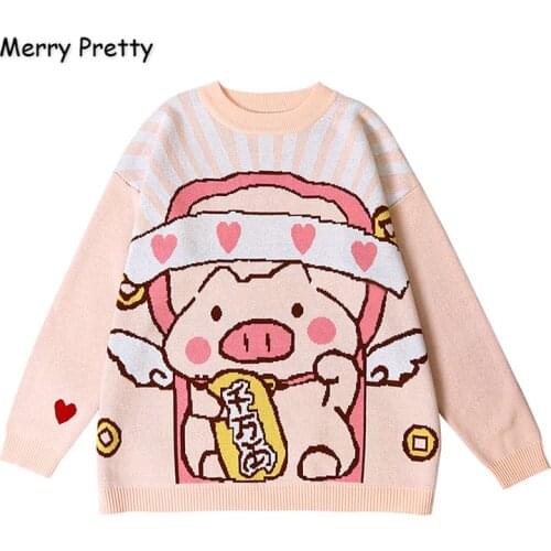 MERRY PRETTY Womens Cartoon Pig Embroidery Knitted Sweaters And Pullovers Winter Thick Warm Girls Knit Jumpe Sweater Jacquard
