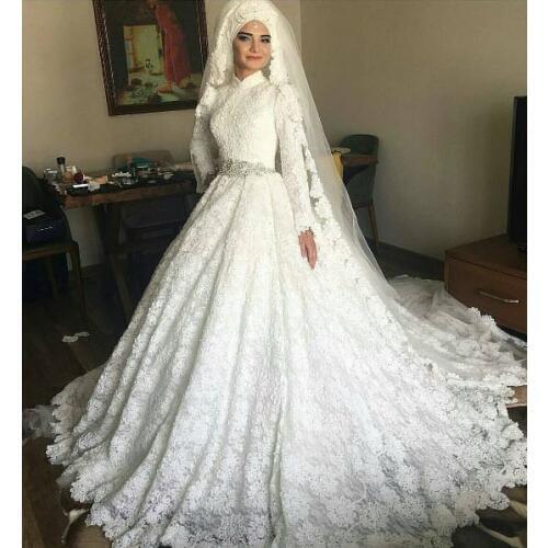 Saudi Arabia Turkey Women Ball Gown Hand Made Long Sleeve Wedding Gown lace Muslim Wedding dress Bridal dress Vestido De Noiva