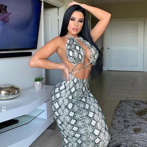 Strap Maxi Dress Female Sexy Hollow Out Backless Lace Up Sanke Printed Halter Summer Party Dress for Women