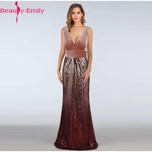 2019 Charming V Neck Sleeveless Mermaid Evening Dresses Fashion Sequins V Back Burgundy Champagne Formal Prom Gowns